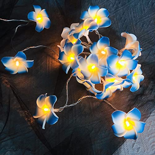 Künstliche Plumeria Blume LED-Lichterkette Hawaiianischer Schaum Frangipani Batteriebetriebene Feen-Nachtlichter für die Weihnachtsfeier Home Wedding Beach Decor (Batterien, Blau)