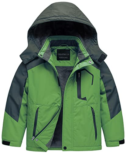 CREATMO US Boys Waterproof Ski Jacket Warm Winter Snow Windproof Snowboard, green, 10-12 Anos