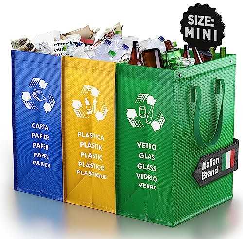 PTMS® Borse Raccolta Differenziata - 3 Bidoni Differenziata da Interno ed Esterno per Carta, Plastica e Vetro - Set Bidoni per Raccolta Differenziata Interno in Colore di Riciclaggio