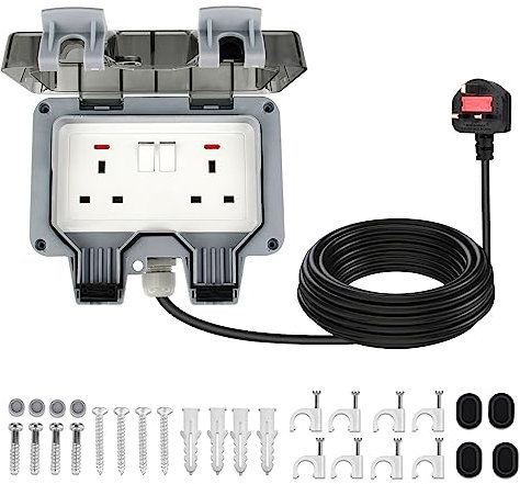 JMEST LEAD outdoor socket Cover Box with 10M Extension Lead Waterproof Outdoor Double Plug Socket 13A 2 Gang Outdoor Power Socket Outside Wall Garden Switched Socket