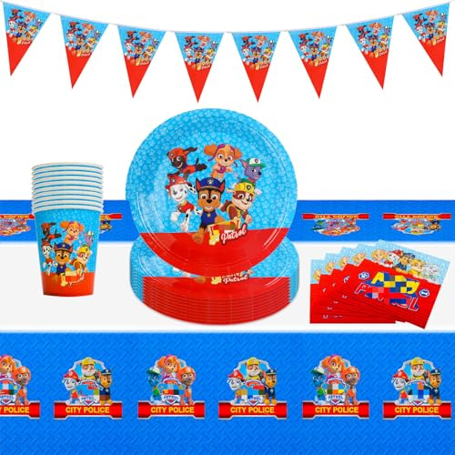 Birthday Party Tableware 52 Stück Paw Dog Geburtstag Deko Partygeschirr Set ,Geschirrset mit Party Pappteller Becher Servietten Tischdecke Kindergeburtstag Geburtstagsdeko