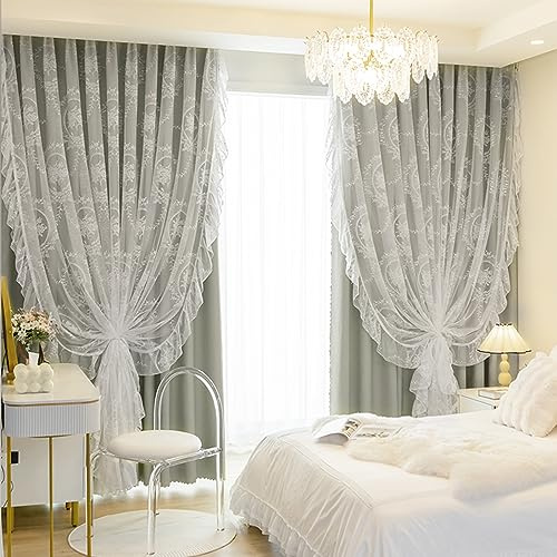 Tende per Il Soggiorno, Tenda in Pizzo Francese Retrò a Doppio Strato Tendaggi Decorativi per La Casa Tende Oscuranti per La Camera Da Letto Ufficio(W*H:150x270cm(59x106inch), Grey(Grommet Top))