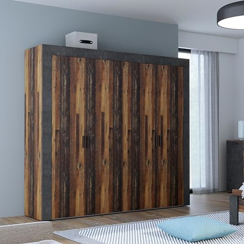 FORTE ATTALYAR Schrank 230, Kleiderschrank, Drehtürenschrank, 4-türig mit Einlegeböden und Kleiderstange, Holzdekor: Old – Wood Vintage, 230 cm breit x 210.5 cm hoch x 54 cm tief