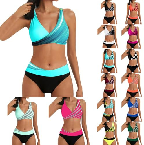 boseucn Bikini Damen Set, Bikini Damen Bauchweg Zweiteiliger Sexy Push Up Badeanzug Muster Druck V Ausschnitt Badeanzüge High Waist Bademode Bauchkontrolle Sommer Frauen 2pc Bikini Sets Schwimmanzug