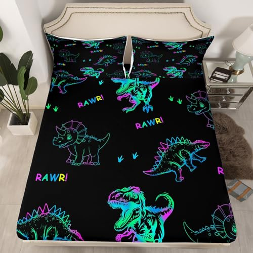 Trippy Dinosour Kids Fitted Sheet Twin Size,Wildlife Animals Paws Toddle Bedding Set,Boys Men Room Decor,Watercolor Neon Dinosaur Bed Cover,Black Cute Bed Sheet,1 Pillowcase