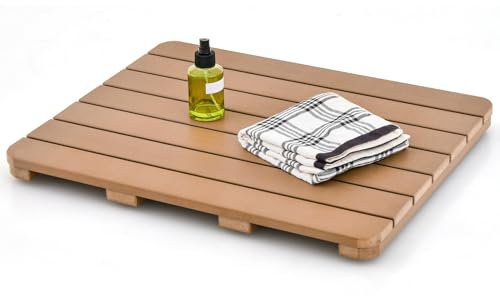 GOPLUS Duschmatte, rutschfeste Badematte aus HIPS Holz für Innen und Außenbereich, wasserdichte Toilettenmatte bis 150kg belastbar für Badewannen, Eingangsbereiche, Pool und Terrasse(60x48 cm,Braun)
