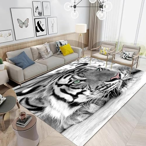 3D Tiger Animal Teppich Kurzflor Schwarz Weiß Bereichsteppich Moderner Schlafzimmer Wohnzimmer Teppich Herren Tiger Leopard Fantasy Print Muster Bereich Dekoration Waschbare Rug (Farbe 2,120x180cm)