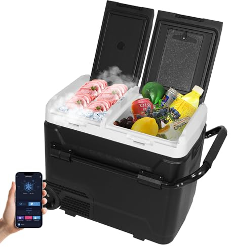ARTETHYS Camping Fridge, 60L Car Fridge with APP Control, Car Refrigerator 12V Portable Freezer Dual Zone Compressor -20°C to 20°C with 12/24V DC 240V AC for Travel Caravan RV