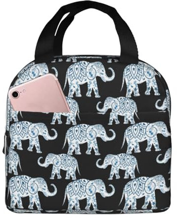 Bolsa de almuerzo con estampado de elefante, color azul y negro, lonchera térmica portátil para hombres y mujeres, picnic, trabajo, viajes