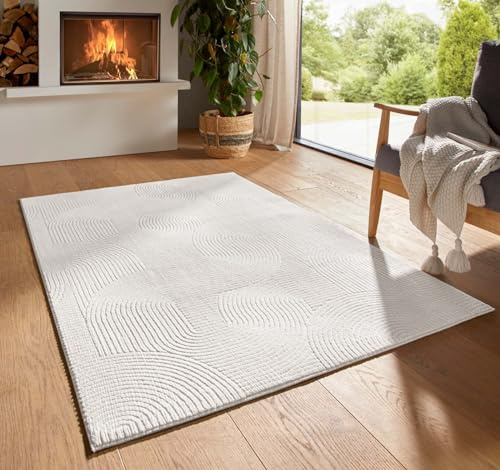 Taracarpet Kurzflor Boho Skandi Polyester Teppich in 3D Optik waschbar, pflegeleicht und robust ideal fürs Wohnzimmer, Schlafzimmer und Kinderzimmer auch als Badematte Creme Wellen 120 cm rund