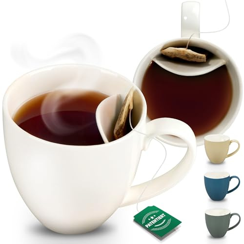 Neighbour's Friend Patentierte Teetasse weiss mit Beutelablage I Keramik Tasse groß 325ml I Teebecher Steingut I Keramiktasse für Tee I Spülmaschinengeeignet Teetassen I Modernes Design für Teetrinker