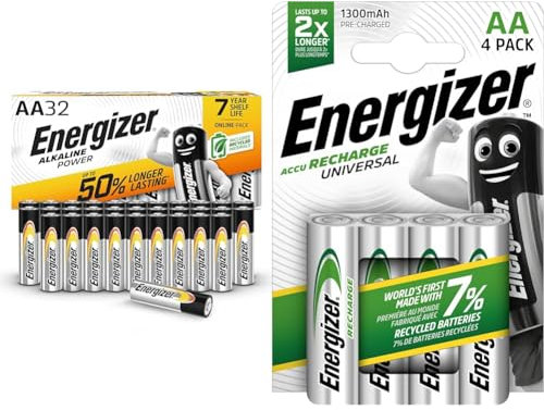 Energizer AA Batteries, Alkaline Power, 32 Pack, Double A Battery Pack - Amazon Exclusive (Packaging may vary) & Rechargeable AA Batteries, Universal Double AA, Pack of 4