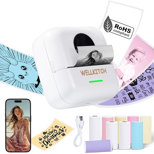 Wellkitch Mini Imprimante Thermique Portable - Imprimante à Autocollants Bluetooth sans Encre de Poche pour Notes D'étude, Diagrammes Anatomiques, Photos