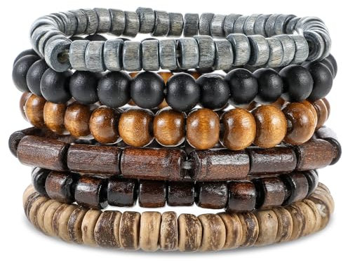 Telooco 6 Stück Perlenarmband Herren Mehrlagig Holzperlen Armband 19 cm Verstellbar Gothic Perlenarmbänder für Herren Elastisch Herrenarmband Gothic Armband Set Damen Herren Geschenk