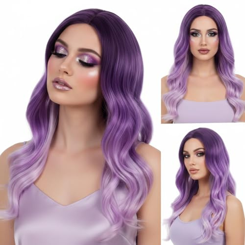 REEWES Peluca larga ondulada de color lila y blanco degradado para mujeres y niñas, pelo largo rizado, resistente al calor, peluca de cosplay, disfraz encantador para el día a día, carnaval