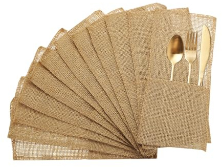 QUARKZMAN 12 Stück Jute-Besteckhalter 4 x 8 für Party Hochzeitsdekoration | Bestecktasche Silberwarenhalter Natürliche Jute-Tasche Burlap-Serviettentasche