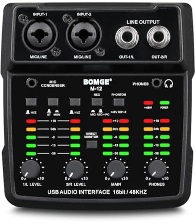 BOMGE Interfaccia audio USB M12, mixer a 2 canali, ingresso XLR/3,5 mm, alimentatore 48 V, scheda audio per registrazione PC, studio, spettacolo dal vivo, karaoke, plug & play