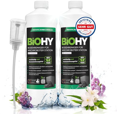 BiOHY Limpiador de suelos para robot limpiador estación con aroma primaveral (2 x 1 litro) + dosificador, detergente concentrado para todos los robots limpiadores y aspiradores con función húmeda,