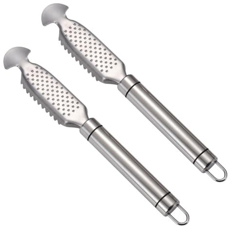 DONGKER Squamatore Pesce, 2 Pezzi Squama Pesci in Acciaio Inox con Foro per Appendere la Coda, Desquamatore per Pulizia Pesce