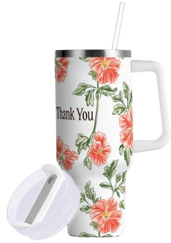 linqin Vaso aislado al vacío de flores de geranio con tapa y pajita, botella de agua grande de 887 ml, taza de campamento de boca ancha para mujeres y hombres
