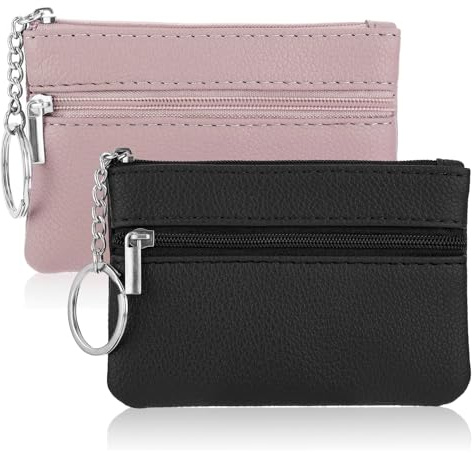 2 PCS Coin Purse Women, Small Zip Purse Leather Purses Mini Wallet with 2 Compartments & Keychain for Key Card Coin Earphone (Black, Pink)