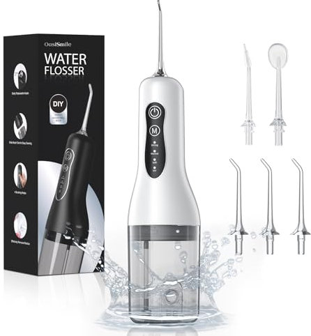 Water Flosser, 2025 Water Dental Flosser Remover with 4 Modes and 5 Replacement Nozzles, Water Flosser to Solve Oral Problems and Whiten Teeth, IPX7 Waterproof Double Flosser for Home Travel White