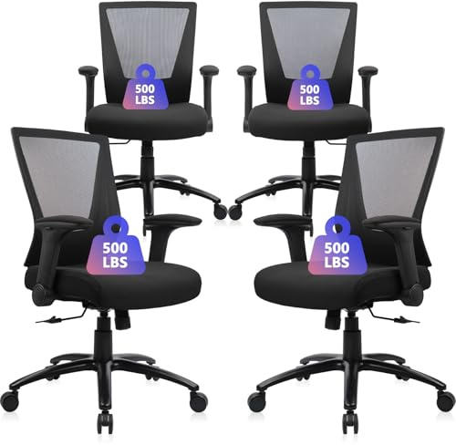 CLATINA 500lbs Big and Tall Office Chair Heavy Duty Ergonomic Mesh Desk Chairs with Wide Thick Seat Cushion and Adjustable Armrests for Home Office Conference Heavy People, Black(4 Pack)