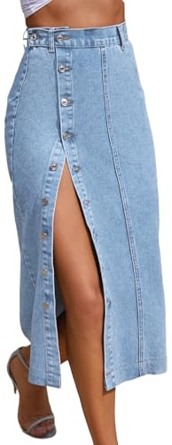 Trendy High Waisted Denim Skirt for Women Button Front Slit Midi Skirt for Ladies Fashion 2025 Summer-Light Blue-M
