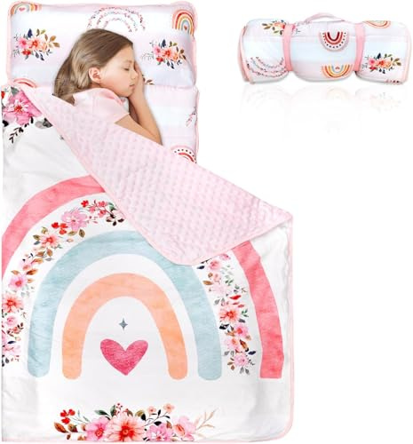 Hooyax Tapis de Sieste pour Tout-Petits avec Oreiller Amovible et Couverture Douce, Tapis de Sieste pour Enfants, Sacs de Couchage roulés pour garçons, Maternelle, garderie, Camping, 58,2 x 130 cm