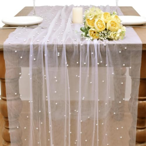 Tischläufer Tüll mit Perlen, 80 x 200cm Chiffon Tischläufer, Läufer Tisch Spitzen Tüllstoff, Perlenspitze Tischdecke, Tischdecke aus Perlenspitze, für Partys, Hochzeiten, DIY Kreativität