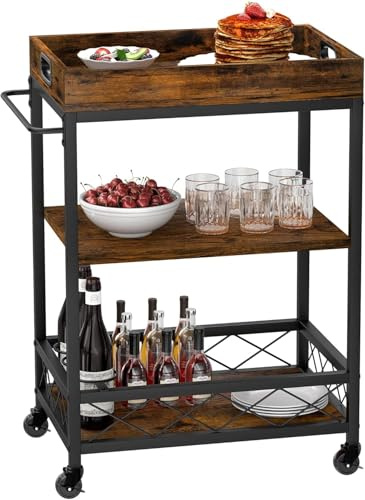 OPULENTHOME Küchen Servierwagen mit abnehmbarem Tablett, Servierwagen für Zuhause, Kaffeewagen auf Rädern, Getränkewagen für Zuhause, Wohnzimmer, Party, Bar (Retro-Farbe)