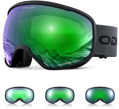 Odoland Skibrille Photochrome für sonnige und bewölkte Tage, Anti-Nebel Snowboard Brille Ski Goggles UV-Schutz für Herren Damen Selbsttönend Schneebrille