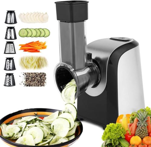 Rallador de verduras eléctrico profesional, 150 W, 5 en 1, de acero inoxidable, con 5 tambores de corte para frutas, verduras, queso y uso diario