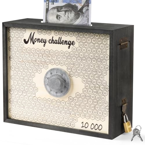 Mczcent 10000 Savings Challenge Box with Lock, Large Wooden 10k Money Saving Box Saver 10,000 Reusable Coin Money Challenge Cash Vault Saving Box Tracker Number Piggy Bank for Adults Kids, Blue