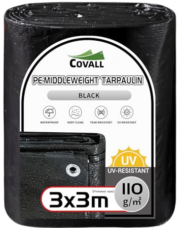 COVALL 3x3m Lona de Resistencia Media 110GSM - Lámina de Suelo Impermeable Resistente a los Rayos UV Cubiertas de Carpas al Aire Libre Techo de Piscina Barcos RV Camión Coche Tarpaulin (Negro)
