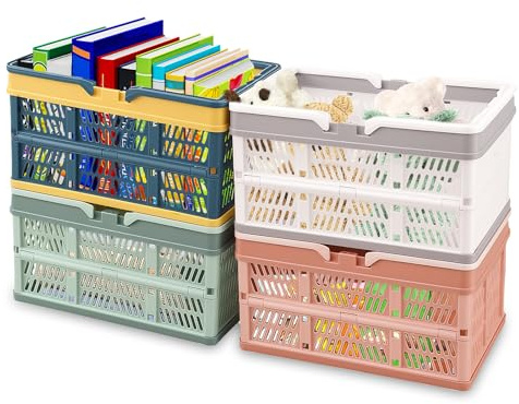 Lot de 4 boîtes à provisions pliables en plastique avec poignée, 30 x 20 x 15,5 cm, design creux, peu encombrant, pour cuisine, bureau, chambre à coucher, salle de bain (4 pièces, 30 x 20 x 15,5 cm)