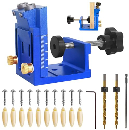 Elyyapt Pocket Hole Jig Kit Professional Aluminum Alloy Pocket Screw Adjustable 15°Pockets Hole Screw Jig Inclined Hole Drilling Positioner Adjustable DIY Woodworking Tools for Wooden Furniture