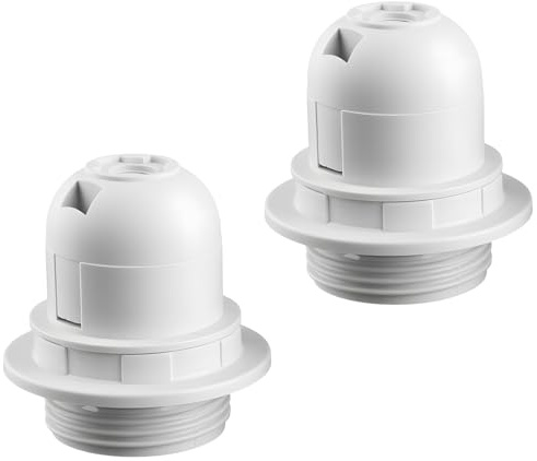 wellrun 2-Piece E27 Lamp Holder, White Plastic Threaded Light Socket with Lamp Shade Ring, Easy Installation for Table and Floor Lamps
