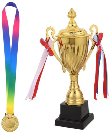 Veemoon Set Trofei Sportivi con Coppa Oro 29 Cm e Medaglia Metallo con Nastro per Cerimonie Premi Competizioni Sportive Scuole e Tornei Club