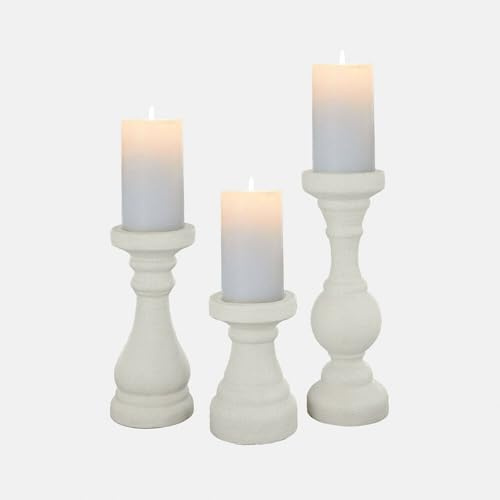 Loberon Kerzenständer 3er Set Quenlivre, weiß | DREI Größen - für Stumpenkerzen - Klassische Silhouette - Gedrechselt - Strukturierte Oberfläche - Kerzenhalter