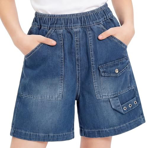 Tokeya Pantalones Cortos Vaqueros Niñas Verano Pantalon Corto 7-15 Años | Bolsillos, Cintura Elástica, Suaves Transpirable Cómodo, Shorts Vaquero, Moda Holgados Jeans Cortos, Casual Streetwear