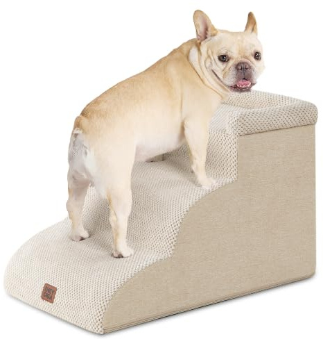 EHEYCIGA Escalier Chien 3 Marches 35.5cm H, Rampe Chien pour Canapé Lit | Mousse Haute Densité, Surface Antidérapante, Housse Amovible et Lavable, Pour Petits Chiens et Chats, Beige