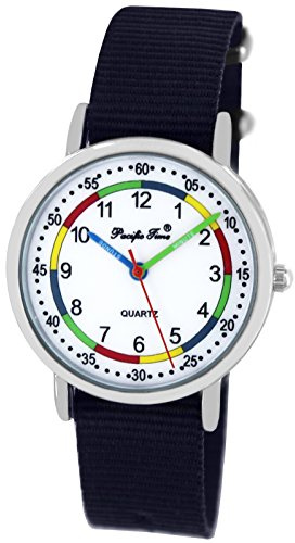 Pacific Time Kinderuhr Lernuhr Mädchen Jungen 5 ATM wasserdicht | Lernzifferblatt 1–12/05–60 Min., 5 ATM wasserdicht, beschriftete Zeiger und austauschbares 16-mm-Textilarmband.