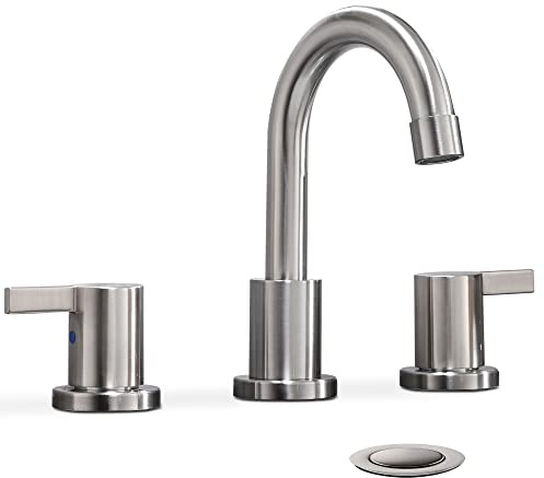 Phiestina 2 Handle 3 Hole 8 Inch Widespread Bathroom Faucet with Metal Pop-Up Drain, Brushed Nickel, WF015-1-BN