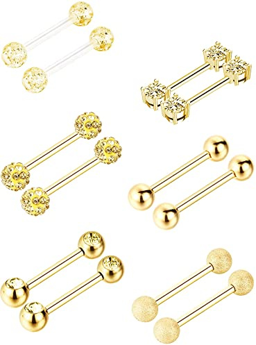 Sumind 6 Pairs Nipple Tongue Ring Stainless Steel Barbell Rings Cubic Zirconia Nipplerings Body Piercing Jewelry, 14 Gauge (Gold Color)