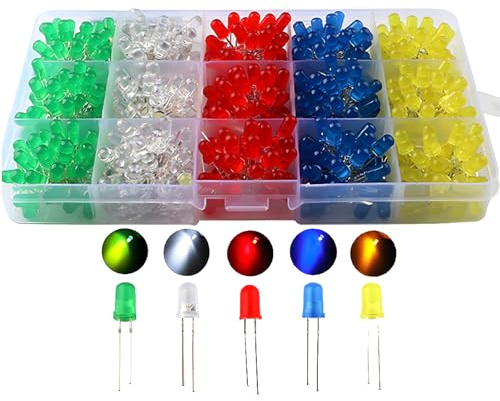 CESFONJER 500 PCS Led Leuchtdioden 5mm, Rund Farbe Dioden 5mm 2-poligen, (5 Farben x 100pcs), Farbe Sortiert Weiß/Rot/Gelb/Grün/Blau Kit Box Set