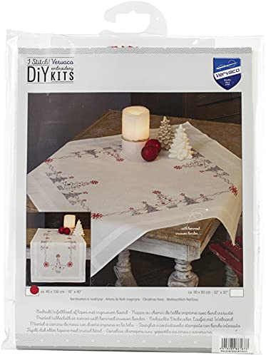 Vervaco Stickpackung Kreuzstich Set Vorgedruckt Tischläufer Weihnachtlich Rot/Grau Stickdecken Vorgezeichnet DIY Basteln Kreativ Stickläufer zum Selbersticken 40 x 100 cm Stickset
