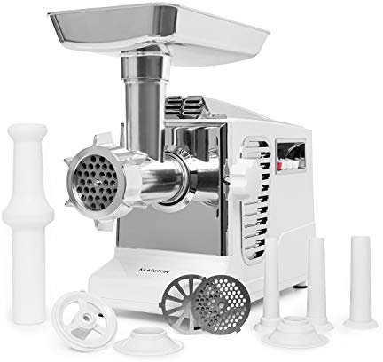 Klarstein Kraftprotz - Tritacarne Elettrico, 700 W, Potenza Bloccaggio: 1800 W, Motore in Rame, 2 Velocità e Inversione, Vaschetta in Alluminio, Lama in Acciaio Inox, 3 Dischi Forati, Bianco/Argento