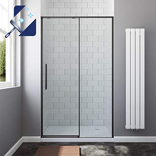 AQUABATOS® 120 x 195 cm Duschkabine Duschabtrennung Duschwand Glas Schiebetür Dusche SlimLine Design schwarz matt Black Style Duschtür Gleittür in Nische Nischentür 8 mm Klarglas mit Nano Beschichtung
