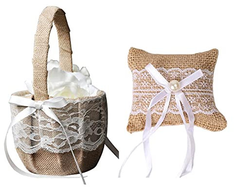 Smavles Hochzeit Ringekissen Ehering Kissen und Hochzeitsblumen Korb Blumenkinder Körbchen Vintage Jute Spitze Eheringe Brautkissen